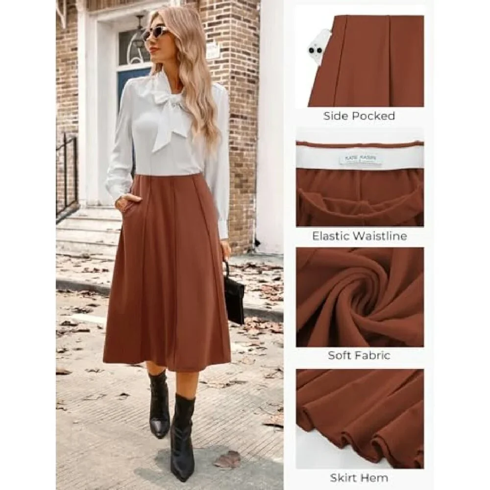 High Waisted Pleated Midi Skirt with Pockets Flowy A-Line Swing
